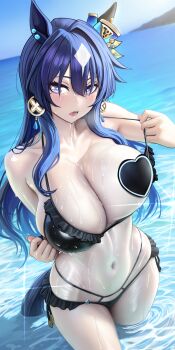 Rule 34 | 1girl, absurdres, alternate costume, animal ears, asdkd123, bare shoulders, bikini, black bikini, blue hair, blue sky, breasts, cleavage, collarbone, commentary request, day, ear covers, ears through headwear, hair between eyes, heart pasties, highres, horse ears, horse girl, horse tail, large breasts, long hair, multicolored hair, navel, ocean, outdoors, pasties, purple eyes, revision, single ear cover, sky, solo, stomach, streaked hair, swimsuit, tail, umamusume, verxina (umamusume), very long hair, wading, water, white hair