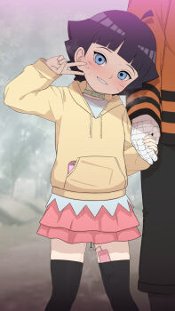 1boy 1girl bandaged_hand bandages black_hair black_thighhighs blue_eyes blush boruto:_naruto_next_generations collar condom condom_wrapper discreet_vibrator drawstring facial_mark father_and_daughter green_collar grey_shirt grin hand_up head_tilt highres holding_hands hood hood_down hoodie layered_skirt loli long_sleeves namidate naruto_(series) outdoors pink_skirt public_indecency public_vibrator pussy_juice pussy_juice_drip pussy_juice_trail sex_toy shirt short_hair skirt smile standing sweat thighhighs uzumaki_himawari uzumaki_naruto vibrator vibrator_in_thighhighs whisker_markings x_(symbol) yellow_hoodie