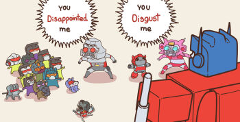 1girl 6+boys all_fours autobot bird blast_off_(transformers) blue_eyes bonecrusher brawl_(transformers) cat chibi cliffjumper decepticon elita_one highres hook_(transformers) horns laserbeak long_haul_(transformers) looking_at_another megatron mixmaster multiple_boys onslaught_(transformers) oomiekunoo optimus_prime ravage_(transformers) red_eyes rumble_(transformers) scavenger_(transformers) scrapper_(transformers) starscream swindle_(transformers) teeth transformers transformers:_generation_1 vortex_(transformers)