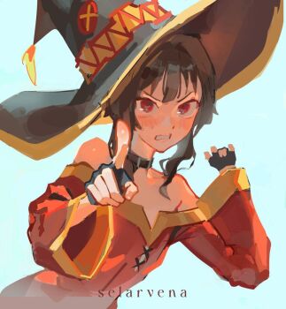 1girl artist_name black_gloves brown_hair choker commentary dress english_commentary fingerless_gloves flat_chest gloves hat kono_subarashii_sekai_ni_shukufuku_wo! looking_at_viewer megumin pointing pointing_at_viewer red_dress red_eyes selarvena short_hair short_hair_with_long_locks solo witch_hat