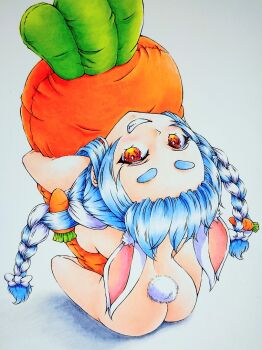 alternate_breast_size_(larger) animal_ear_fluff animal_ears ass beniton blue_hair braid braided_twintails breast_press breasts carrot_hair_ornament commentary extra_ears food-themed_hair_ornament food-themed_pillow forehead from_behind grin hair_ornament hair_pulled_back head_tilt hololive hugging_object large_breasts long_hair looking_at_viewer marker_(medium) multicolored_hair orange_eyes pillow pillow_hug rabbit_ears rabbit_girl rabbit_tail smile tail thick_eyebrows traditional_media twin_braids two-tone_hair usada_pekora v-shaped_eyebrows virtual_youtuber white_hair