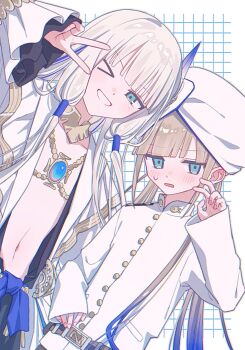 Rule 34 | 2boys, androgynous, blonde hair, blue eyes, blue hair, blush, captain nemo (fate), fate/grand order, fate (series), fytnfy, gold choker, gradient hair, grid background, hair tubes, highres, jacket, jewelry, long hair, long sleeves, looking at viewer, low-tied sidelocks, male focus, military uniform, multicolored hair, multiple boys, naval uniform, necklace, nemo (fate), noah (fate), one eye closed, open mouth, robe, sidelocks, smile, sweatdrop, turban, v, white background, white jacket, white robe, white turban