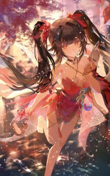 1girl a_ji absurdres bare_shoulders barefoot black_choker black_hair chinese_commentary choker collarbone commentary_request criss-cross_halter dress facial_mark flower_tattoo fox_mask hair_ornament halter_dress halterneck highres holding holding_mask honkai:_star_rail honkai_(series) light_particles long_hair mask multiple_moles red_dress red_eyes red_theme sandals smile solo sparkle_(honkai:_star_rail) standing standing_on_one_leg tattoo twintails unworn_sandals