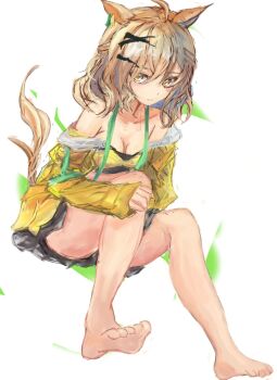 ahoge animal_ears bandeau bare_shoulders barefoot black_skirt braid breasts brown_hair cleavage closed_mouth collarbone commentary_request hair_between_eyes hair_ornament hairclip half_up_braid half_up_half_down_braid horse_ears horse_girl horse_tail jacket jungle_pocket_(champion's_battle_cry)_(umamusume) jungle_pocket_(umamusume) long_sleeves looking_at_viewer medium_breasts medium_hair open_clothes skirt suspenders tail umamusume yanagi_wakana yellow_bandeau yellow_eyes yellow_jacket