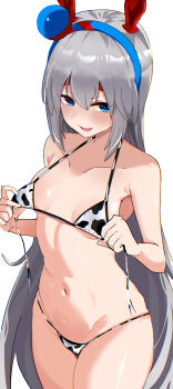 absurdres animal_ears animal_print bikini blue_eyes blue_headband blush commentary_request covered_erect_nipples cow_print cow_print_bikini fang flat_chest grey_hair hair_between_eyes hair_ornament headband highres holding holding_swimsuit holding_unworn_clothes horse_ears horse_girl long_hair micro_bikini navel original print_bikini red_headband rumina_runa swimsuit tamamo_cross_(umamusume) umamusume unworn_swimsuit