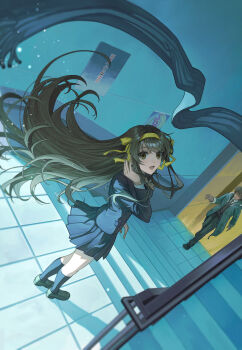 Rule 34 | 1boy, 1girl, :d, absurdres, black jacket, black skirt, black socks, brown eyes, brown hair, brown shoes, coat, commentary request, faceless, faceless male, green coat, hairband, highres, imageprogram (kent), jacket, kita high school uniform, kneehighs, kouyouen academy school uniform, kyon, loafers, long hair, long sleeves, necktie, official alternate costume, official alternate hair length, official alternate hairstyle, open clothes, open coat, open mouth, poster (object), red necktie, ribbon, school uniform, shoes, short hair, skirt, smile, socks, sos-dan logo, stairs, standing, suzumiya haruhi, suzumiya haruhi no shoushitsu, suzumiya haruhi no yuuutsu, tongue, very long hair, winter uniform, yellow hairband, yellow ribbon