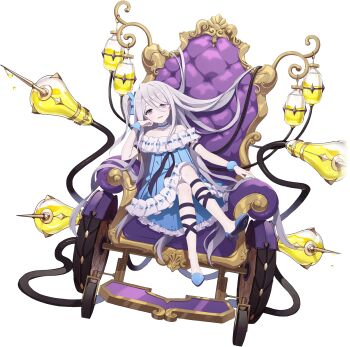 1girl artist_request bare_legs bare_shoulders blue_dress chair dress eversoul frilled_dress frills full_body game_cg hair_between_eyes hair_ribbon head_on_hand highres large_syringe liquid long_hair neck_garter non-web_source off_shoulder official_art on_chair oversized_object pale_skin parted_lips platform_footwear platform_heels purple_eyes rebecca_(eversoul) ribbon side_ponytail sitting smile solo syringe transparent_background wheelchair white_hair wrist_cuffs