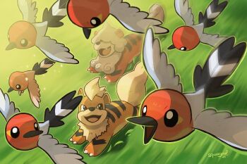 artist_name beak bird day fletchling flying gen_1_pokemon gen_6_pokemon grass growlithe hisuian_growlithe nintendo no_humans open_mouth orange_fur outdoors pokemon pokemon_(creature) squeegool