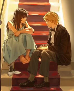 1boy 1girl barefoot black_bow black_bowtie black_eyes black_hair black_suit blonde_hair blue_dress bow bowtie chainsaw_man closed_mouth cup denji_(chainsaw_man) dress eananaia feet formal_clothes grey_pants grey_socks highres holding holding_cup jacket long_hair mitaka_asa pant_suit pants scene_reference shirt short_hair sitting sitting_on_stairs socks stairs suit suit_jacket white_shirt