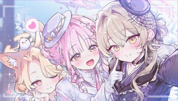 0202ase 3girls :t ;) absurdres alternate_costume animal animal_ears animal_on_head bird bird_on_head blonde_hair blue_archive blurry blurry_background blush brown_hair cheek_poking commentary drill_hair drill_sidelocks fake_phone_screenshot fake_screenshot forehead fox_ears gloves hair_intakes halo hat highres japanese_clothes kimono looking_at_viewer mika_(blue_archive) mini_hat multiple_girls nagisa_(blue_archive) on_head one_eye_closed outdoors pink_hair poking purple_kimono seia_(blue_archive) selfie sidelocks smile tea_party_(blue_archive) tilted_headwear upper_body white_gloves white_kimono