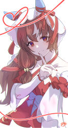 Rule 34 | 1girl, absurdres, animal ears, blush, breasts, brown hair, collarbone, commentary, detached sleeves, finger to mouth, fingernails, hair between eyes, hair ornament, heart, highres, horse girl, long hair, looking at viewer, nazmocha, red eyes, signature, simple background, small breasts, smile, still in love (umamusume), thighhighs, umamusume, veil, white background