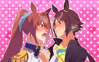 2girls absurdres animal_ears black_bow black_bowtie black_jacket blood blush bow bowtie brown_eyes brown_hair chocoyanstickz commentary daiwa_scarlet_(peak_blue)_(umamusume) daiwa_scarlet_(umamusume) english_commentary epaulettes hair_intakes heart highres horse_ears horse_girl jacket long_hair multiple_girls nosebleed open_mouth pink_background pink_eyes ponytail shirt tiara twintails umamusume vodka_(umamusume) vodka_(wild_top_gear)_(umamusume) white_jacket yellow_shirt yuri