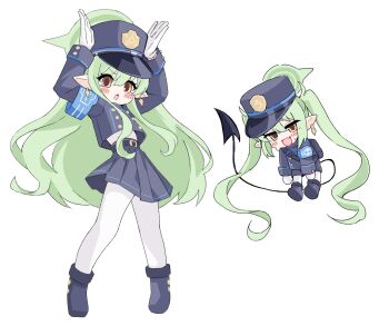 2girls :d :o armband arms_up belt black_belt black_boots black_hat black_jacket black_shoes black_skirt blue_archive blue_armband blush_stickers boots chibi chibi_inset commentary_request demon_girl demon_tail earrings fang full_body gloves green_hair green_halo hair_between_eyes halo hat highres hikari_(blue_archive) jacket jewelry long_hair long_sleeves making_faces miniskirt multiple_girls nozomi_(blue_archive) open_mouth pantyhose peaked_cap pleated_skirt pointy_ears shiu_kyu shoes siblings sidelocks simple_background sisters skin_fang skirt smile standing sweatdrop tail tail_raised twins twintails v-shaped_eyebrows very_long_hair wavy_hair white_background white_gloves white_pantyhose yellow_eyes