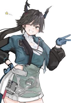 1girl ;d arknights arknights:_endfield black_hair black_sleeves blue_gloves blue_jacket cain_lk chen_qianyu_(arknights) commentary_request contrapposto cowboy_shot gloves green_skirt grin hand_on_own_hip highres horns jacket long_hair long_sleeves looking_at_viewer one_eye_closed open_mouth ponytail simple_background skirt smile solo standing star_(symbol) v white_background white_skirt yellow_eyes