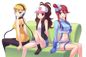 3girls ass baseball_cap blonde_hair blue_eyes brown_eyes brown_hair commentary_request cropped_jacket elesa_(pokemon) gloves green_eyes hat hilda_(pokemon) knee_up long_hair midriff multiple_girls navel nemou nintendo pantyhose photoshop_(medium) poke_ball_print pokemon pokemon_black_and_white red_hair revision sitting skyla_(pokemon) socks white_background