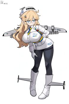 Rule 34 | 1girl, absurdres, antonov an-225, arm behind back, artist name, black pantyhose, blonde hair, blue eyes, boots, breasts, commentary request, dated, full body, glasses, gloves, hair ornament, highres, jacket, large breasts, leaning forward, long hair, mecha musume, necktie, original, pantyhose, pckcool, personification, semi-rimless eyewear, simple background, solo, star (symbol), star hair ornament, two-tone necktie, ukrainian flag, under-rim eyewear, white background, white boots, white gloves, white jacket