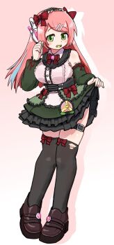 1girl bare_shoulders black_hairband blue_hair bow bowtie breasts brown_shoes candy clothes_lift collared_dress commentary_request detached_sleeves dress dress_lift food food_in_mouth frilled_dress frills fruit full_body gothic_lolita green_dress green_eyes hair_ornament hairband hairclip hand_up headphones large_breasts lolita_fashion lolita_hairband looking_at_viewer momone_momo multicolored_hair open_mouth pantyhose peach pink_background pink_hair red_bow red_bowtie red_ribbon ribbon saruyama_ushirou shadow shoes simple_background skindentation solo streaked_hair torn_clothes torn_pantyhose utau