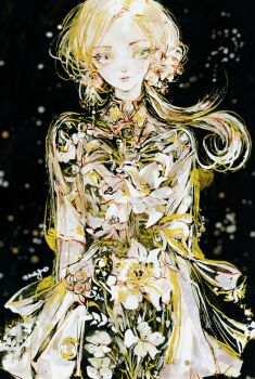 1girl 7na5go black_background flower forehead hair_flower hair_ornament lineart low_ponytail original parted_bangs ponytail yellow_theme