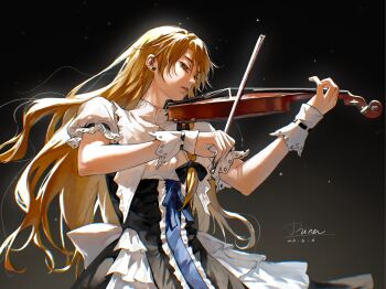 1girl aihara-rina black_dress blonde_hair bow_(music) chinese_commentary commentary_request curiosities_of_lotus_asia dress holding holding_bow_(music) holding_instrument holding_violin instrument kirisame_marisa long_hair music no_headwear official_alternate_costume parted_lips playing_instrument puffy_short_sleeves puffy_sleeves short_sleeves solo touhou very_long_hair violin wrist_cuffs yellow_eyes