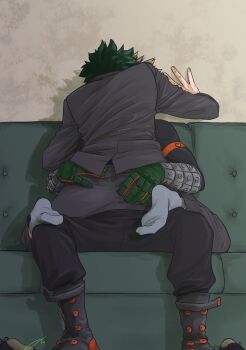 2boys bakudeku bakugou_katsuki boku_no_hero_academia bones_(company) boots couch curly_hair formal_clothes freckles grabbing_another&#039;s_ass green_hair groping highres hogushi_mizu inminent_sex messy_hair midoriya_izuku multiple_boys shounen_jump sitting sitting_on_person socks spiked_hair suit teacher yaoi