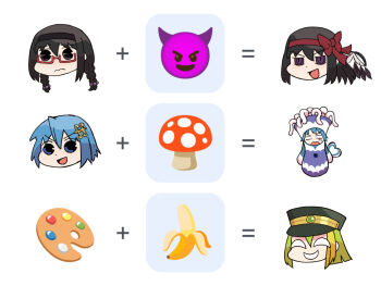 3girls akemi_homura akuma_homura alina_gray black_hair black_hairband black_hat black_wings blank_eyes blue_eyes blue_hair braid closed_eyes commentary_request emoji emoji_kitchen_(meme) equal_sign equation fly_agaric fusion gilcrows glasses green_hair hair_ornament hairband hat long_hair magia_record:_mahou_shoujo_madoka_magica_gaiden mahou_shoujo_madoka_magica mahou_shoujo_madoka_magica:_hangyaku_no_monogatari meme miki_sayaka multicolored_hair multiple_girls mushroom official_alternate_costume open_mouth paint_palette peaked_cap plus_sign purple_eyes red-framed_eyewear red_hairband short_hair smile streaked_hair surprised twin_braids v-shaped_eyebrows wings