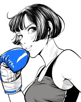 Rule 34 | 1girl, armpit crease, armpit peek, blue gloves, boxing gloves, breasts, cleavage, commentary request, gloves, greyscale, highres, lee (dragon garou), light blush, lips, medium breasts, monochrome, mouth guard, original, portrait, profile, short hair, sideways glance, solo, sports bra, spot color