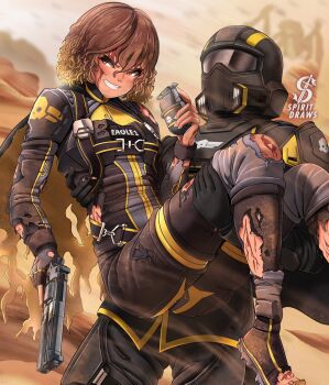 1boy 1girl armor bile_titan black_gloves blonde_hair blood blood_on_face cape carrying eagle_1_(helldivers) explosive gloves grenade gun handgun helldivers_(series) helmet highres holding holding_gun holding_weapon injury multicolored_hair princess_carry revolver scratches short_hair spiritdraws torn_clothes weapon