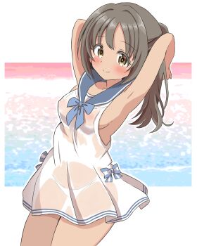 1girl absurdres armpits arms_up blue_bow blue_bowtie blue_sailor_collar blush border bow bowtie breasts brown_eyes collarbone commentary_request covered_erect_nipples cowboy_shot dress dutch_angle grey_hair hair_between_eyes highres idolmaster idolmaster_cinderella_girls imai_kana long_hair looking_at_viewer medium_breasts no_bra ohana._(komachi) outline outside_border panties ponytail sailor_collar sailor_dress sailor_swimsuit_(idolmaster) see-through_clothes see-through_dress sidelocks smile solo standing sunset thighs underwear white_border white_outline white_panties
