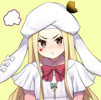 1girl :t absurdres blonde_hair blush bow bowtie brown_eyes bug butterfly butterfly_on_hat capelet commentary compilation facial_mark hat heart highres insect key long_hair looking_at_viewer luis_cammy luis_cammy_(young) nijisanji oogushi_aritomo pout puff_of_air red_bow red_bowtie simple_background solo upper_body v-shaped_eyebrows virtual_youtuber white_capelet white_hat yellow_background