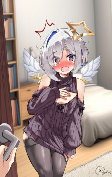 1girl absurdres alternate_costume amane_kanata amane_konata amane_konata_(cosplay) angel angel_wings bed black_sweater black_thighhighs blue_hair breasts cable_knit cleavage cleavage_cutout clothing_cutout commentary_request cosplay doorway grey_hair highres hololive inokeiwd looking_at_viewer small_breasts sweater thighhighs virgin_killer_sweater virtual_youtuber wings