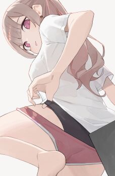 1girl barefoot black_panties breasts brown_hair buruma buruma_pull closed_mouth clothes_pull commentary from_behind highres hiroki_(yyqw7151) long_hair looking_at_viewer medium_breasts original panties pink_buruma pink_eyes shirt short_sleeves simple_background solo tongue tongue_out underwear white_background white_shirt