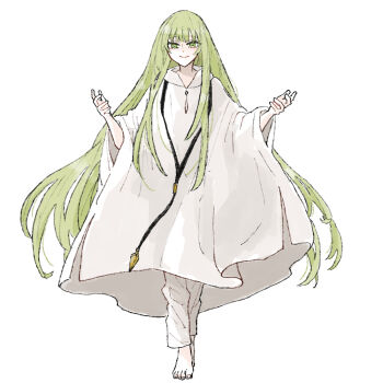 Rule 34 | 1other, androgynous, barefoot, bright pupils, closed mouth, commentary request, enkidu (fate), fate/strange fake, fate (series), full body, green eyes, green hair, hands up, komisabut, light smile, long hair, looking at viewer, other focus, pants, robe, simple background, solo, straight-on, very long hair, white background, white pants, white robe