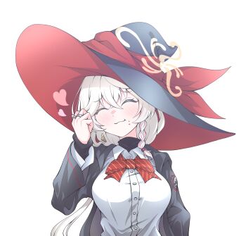 1girl blue_archive blush braid breasts chewing closed_eyes closed_mouth collared_shirt commentary_request eating eri_(blue_archive) food food_on_face hair_between_eyes halo hat heart highres jewelry kakuhitsu_no_kosoado_vx large_breasts long_hair long_sleeves red_trim ring shirt side_braid simple_background smile tilted_halo upper_body very_long_hair white_background white_shirt wide_sleeves witch_hat yellow_halo