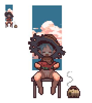 1girl :d blue_hair chair cloud commentary_request food fruit hat holding holding_food holding_fruit holding_watermelon incense_burner kayari_buta loli lowres nude omunikin open_mouth original pixel_art pussy smile smoke solo straw_hat watermelon watermelon_slice white_background
