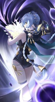1girl absurdres animal_ears ass bare_shoulders black_gloves black_unitard blue_hair book braid breasts commentary feet_out_of_frame gloves goat_ears goat_girl goat_horns goat_tail green_eyes highres holding holding_book holding_hood horns long_hair looking_at_viewer lucia_elowen open_book pointy_ears qingkefu_yixia solo standing tail thigh_strap yellow_eyes zenless_zone_zero