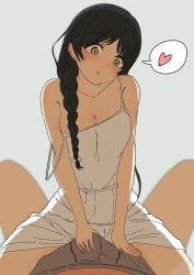 Rule 34 | 1boy, 1girl, :o, black hair, blurry, blush, bow, boxers, braid, breasts, bulge, cleavage, commentary request, crotch grab, depth of field, girl on top, grey male underwear, hair bow, hazuki ren, heart, highres, long braid, long hair, looking down, love live!, love live! superstar!!, male underwear, nightgown, open mouth, pov, sitting, sitting on person, sleeveless, underwear, vrccory, white nightgown, yellow eyes