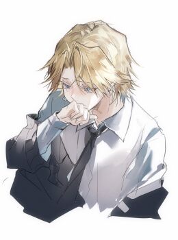 Rule 34 | 1boy, arm up, black jacket, black necktie, blonde hair, blue eyes, blush, collared shirt, colored eyelashes, commentary request, covering own mouth, cropped torso, crying, digimon, digimon adventure, dress shirt, eyelashes, formal clothes, highres, ishida yamato, jacket, jacket partially removed, male focus, necktie, parted hair, shirt, short hair, simple background, solo, szr 02, white background, white shirt, wing collar