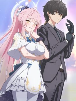 1boy 1girl absurdres adjusting_clothes adjusting_gloves aemeath_(wuthering_waves) arm_under_breasts black_gloves black_hair black_jacket black_pants blue_archive blush breasts capelet closed_mouth commentary commission cosplay dress glove_pull gloves halo halo_behind_head hand_up highres jacket long_hair looking_ahead looking_at_viewer male_rover_(wuthering_waves) medium_breasts mika_(blue_archive) mika_(blue_archive)_(cosplay) milliani mixed-language_commentary outdoors pants pantyhose parted_lips pink_hair purple_sky rover_(wuthering_waves) sky smile star-shaped_pupils star_(symbol) suit_jacket symbol-shaped_pupils very_long_hair white_capelet white_dress white_pantyhose wuthering_waves yellow_eyes