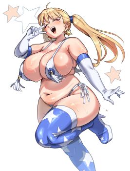 1girl ahoge bikini blonde_hair blue_boots blue_trim blush boots breasts closed_eyes commentary earrings elbow_gloves english_commentary foot_out_of_frame gloves gold_earrings hand_up high_heel_boots high_heels highres huge_breasts jewelry kharon knee_up long_hair micro_bikini mole mole_under_eye navel open_mouth original plump side-tie_bikini_bottom simple_background skindentation smile solo standing standing_on_one_leg star_(symbol) star_earrings star_print stomach sweat swimsuit tassel teeth thigh_boots twintails upper_teeth_only v white_background white_bikini white_gloves white_trim