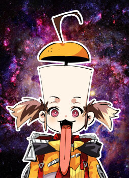 1girl absurdres adarin ahoge big_head brown_hair dr._vegapunk fang gigi_murin gigi_murin_(1st_costume) highres hololive hololive_english long_tongue one_piece parody pink_eyes star_(sky) starry_sky_background tongue tongue_out twintails very_long_tongue virtual_youtuber zipper zipper_pull_tab