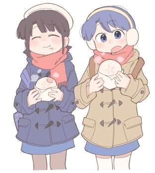 2girls amakazari_eri backpack bag beret black_hair blue_bag blue_coat blue_eyes blue_hair blue_skirt brown_bag buttons city_(arawi_keiichi) closed_eyes closed_mouth coat dot_nose earmuffs eating food food_on_face food_request hat highres holding holding_food looking_at_viewer makabe_matsuri multiple_girls open_mouth red_scarf scarf short_hair simple_background skirt thighhighs very_short_hair white_background white_hat white_thighhighs wichimi yellow_coat