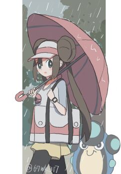 1girl 67wk317 black_pantyhose brown_hair donut_hair_bun double_bun from_side gen_5_pokemon hair_bun highres holding holding_umbrella looking_back nintendo palpitoad pantyhose pantyhose_under_shorts poke_ball_print pokemon pokemon_(creature) pokemon_bw2 rain rosa_(pokemon) shorts simple_background twintails umbrella visor_cap yellow_shorts