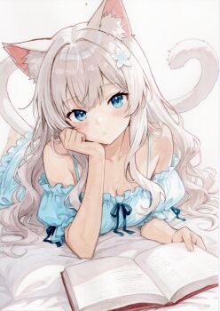 1girl absurdres animal_ears arm_support ayane_(ayaneiroaya) blue_dress blue_eyes book breasts cat_ears cat_girl cat_tail cheek_rest detached_sleeves dress expressionless full_body highres long_hair looking_at_viewer lying medium_breasts on_stomach open_book original painting_(medium) puffy_short_sleeves puffy_sleeves short_sleeves sleeveless sleeveless_dress tail traditional_media watercolor_(medium) white_hair