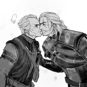 2boys ads-g0ldeng0d emiel_regis geralt_of_rivia gloves greyscale kiss monochrome multiple_boys scar scar_across_eye scar_on_face short_hair simple_background the_witcher_(series) the_witcher_3 white_background yaoi