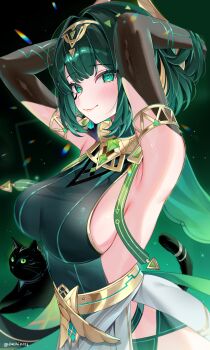 1girl absurdres ancient_egyptian_clothes armpits arms_up black_cat black_gloves breasts cat duchi0356 elbow_gloves from_side genshin_impact gloves green_background green_eyes green_hair highres large_breasts looking_at_viewer mark_under_eye mole mole_under_eye nefer_(genshin_impact) shirt short_hair sideboob sleeveless sleeveless_shirt solo symbol-shaped_pupils triangle-shaped_pupils upper_body