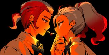 1boy 1girl black_background black_bow black_bowtie blue_eyes bow bowtie cigarette collared_shirt commentary_request ebi_(shrimp_eleven) gradient_hair griselle_(pokemon) grisham_(pokemon) hair_pulled_back hand_on_another's_face highres multicolored_hair nintendo orange_hair pokemon pokemon_legends:_z-a ponytail red_eyes red_hair shirt simple_background smoking two-tone_hair white_hair white_shirt