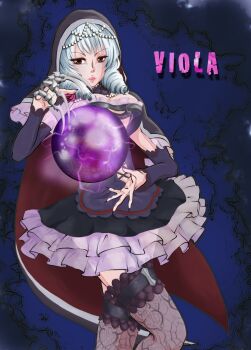 Rule 34 | 1girl, breasts, drill hair, gothic lolita, highres, lolita fashion, orb, patterned legwear, soul calibur, soulcalibur v, thighhighs, viola (soulcalibur), white hair