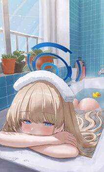 1girl absurdres ass bath bathing bathroom bathtub blonde_hair blue_archive blue_eyes blue_halo blush brown_hair commentary completely_nude covered_mouth crossed_arms floating_hair hair_between_eyes hair_down hair_spread_out half-closed_eyes halo highres indoors long_hair lying maji_(majidesu3) nude on_stomach partially_submerged relaxing rubber_duck solo symbol-only_commentary tile_wall tiles toki_(blue_archive) towel towel_on_head tsurime very_long_hair wet window