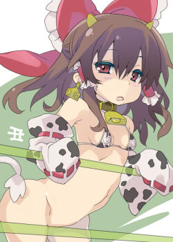 1girl alternate_costume animal_collar animal_ears animal_print bell bikini bikini_top_only bottomless bow breasts brown_hair chinese_zodiac collar commentary_request covered_erect_nipples cow_girl cow_horns cow_print cow_print_bikini cow_print_sleeves detached_sleeves ear_tag frilled_bow frilled_hair_tubes frills hair_bow hair_tubes hakurei_reimu horns kemonomimi_mode long_hair looking_at_viewer navel neck_bell new_year open_mouth print_bikini red_bow red_eyes ribbon-trimmed_sleeves ribbon_trim small_breasts solo stomach swimsuit tororo_(toriaezu) touhou translation_request year_of_the_ox