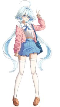 Rule 34 | 1girl, ahoge, alternate costume, alternate hairstyle, blue eyes, blue hair, blue skirt, blver, brown shoes, closed mouth, commentary, corrupted twitter file, drop-shaped pupils, furina (genshin impact), genshin impact, hair between eyes, hand up, heterochromia, highres, jacket, long hair, looking at viewer, midriff, multicolored hair, navel, off shoulder, open clothes, open jacket, pink jacket, pleated skirt, shirt, shoes, simple background, skirt, smile, solo, streaked hair, symbol-shaped pupils, thighhighs, twintails, v, very long hair, white background, white hair, white shirt, white thighhighs, zettai ryouiki